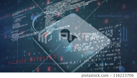 A digital lock icon surrounded by various codes and text MALWARE DETECTED 116223706