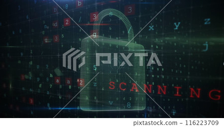 A digital padlock with numbers and letters is floating in dark, matrix-like environment A digital padlock with numbers and letters is floating in dark, matrix-like environment 116223709