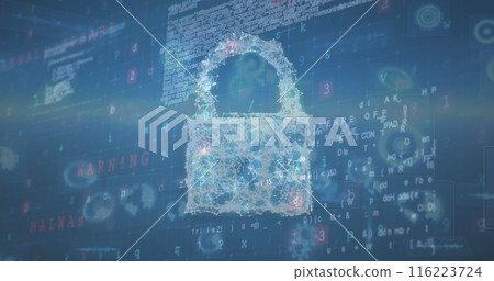 Digital lock icon surrounded by code and warning messages 116223724