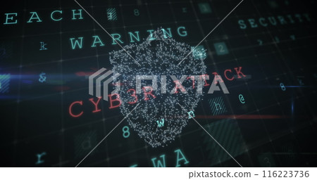Digital shield graphic with CYBER ATTACK warning text displayed on screen Digital shield graphic with CYBER ATTACK warning text displayed on screen 116223736