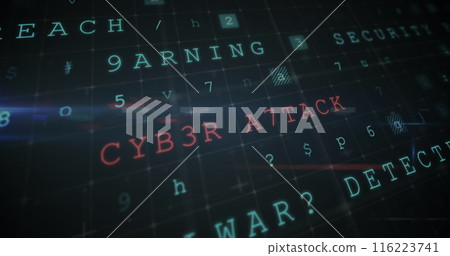 Digital text with phrases like CYB3R A7TACK and SECURITY displayed on screen Digital text with phrases like CYB3R A7TACK and SECURITY displayed on screen 116223741