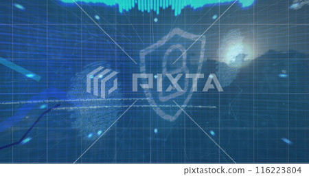 Digital security concept with fingerprint scans and padlock icon on a blue grid background 116223804