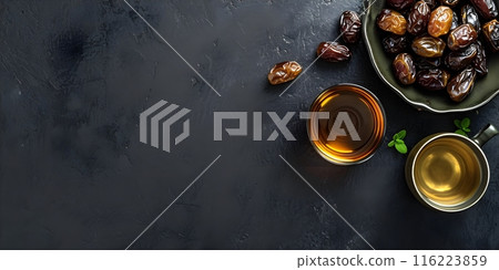 cup of tea with dried fruits on the table. Ramadan kareem decorations background. Top view, flat lay moslem islam iftar braking fast concept 116223859