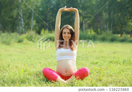 Pregnancy, fitness, happy young pregnant woman doing exercises on the grass in summer park 116223860