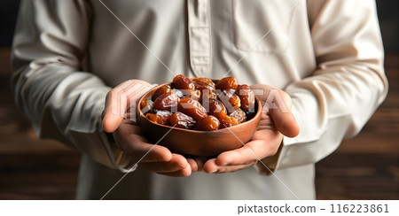Close up muslim man holding and giving dates fruit showing it to forward. Iftar and ramadan kareem concept 116223861
