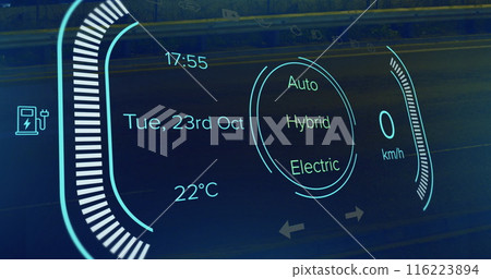 Digital dashboard display showing various car settings and information Digital dashboard display showing various car settings and information 116223894