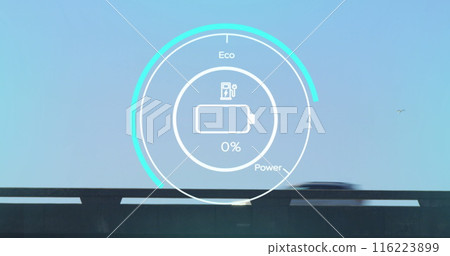 Digital battery icon with eco and power modes displayed on clear blue sky 116223899