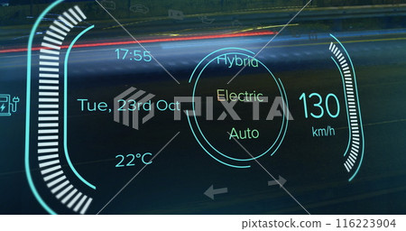 Digital dashboard display showing speed, temperature, date, and hybrid mode options Digital dashboard display showing speed, temperature, date, and hybrid mode options 116223904