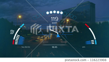 Digital speedometer display with various indicators and metrics Digital speedometer display with various indicators and metrics 116223908