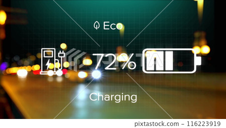 Digital display shows battery charging status with eco-friendly icons Digital display shows battery charging status with eco-friendly icons 116223919