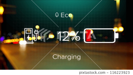 Digital display showing battery charging with eco-friendly icon Digital display showing battery charging with eco-friendly icon 116223923
