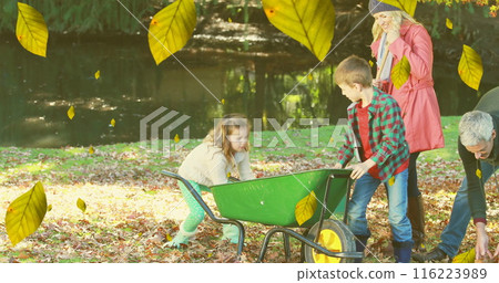 Caucasian family enjoying autumn outdoors, children playing with wheelbarrow Caucasian family enjoying autumn outdoors, children playing with wheelbarrow 116223989