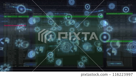 Digital interface with various holographic elements and data points floating 116223997