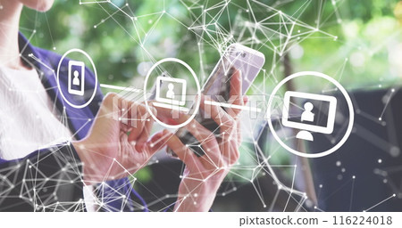 Caucasian woman in her 30s interacting with smartphone, showing a network of connections 116224018