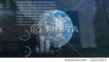 Digital globe with data charts and graphs overlaying Digital globe with data charts and graphs overlaying 116224071