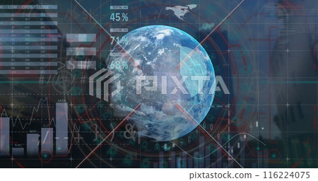 Digital representation of Earth surrounded by various data visualizations and graphs 116224075