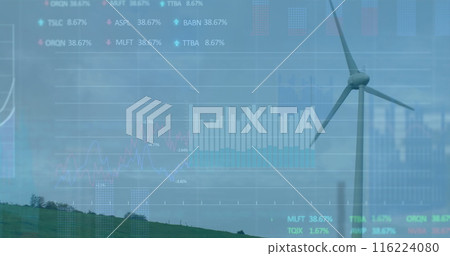 Graphical data overlays wind turbine in a rural landscape 116224080