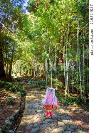 Japanese woman wearing traditional Heian Period costume at the Kumano Kodo Pilgrimage Route in Wakayama prefecture of Japan 116224087