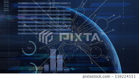Digital data and graphs overlaying image of Earth from space Digital data and graphs overlaying image of Earth from space 116224151