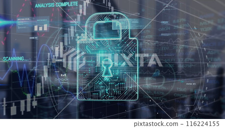 Digital lock icon with circuit patterns and holographic data overlays 116224155