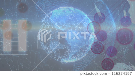 Digital globe with interconnected lines and nodes representing global connectivity Digital globe with interconnected lines and nodes representing global connectivity 116224197