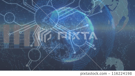 Digital network connections surround glowing globe, representing global communication 116224198