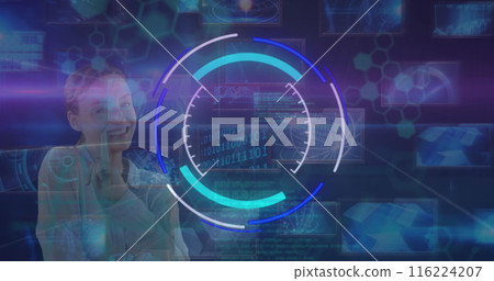 Young Caucasian woman smiling while interacting with futuristic digital interface Young Caucasian woman smiling while interacting with futuristic digital interface 116224207