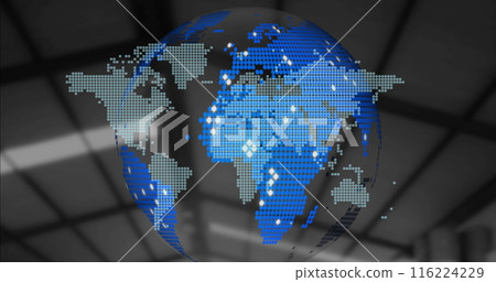Digital globe displaying pixelated world map with blue and white dots 116224229