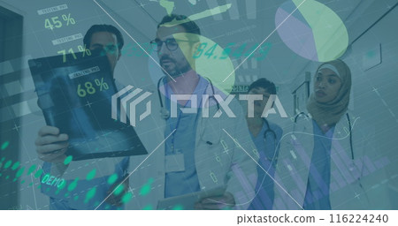 Diverse group of colleagues, including senior supervisor, analyzing medical data on a tablet 116224240