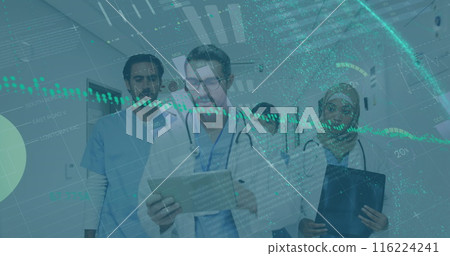 Diverse group of colleagues in medical attire examining data on tablet Diverse group of colleagues in medical attire examining data on tablet 116224241