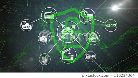 Digital network diagram displaying interconnected icons related to technology and data 116224304