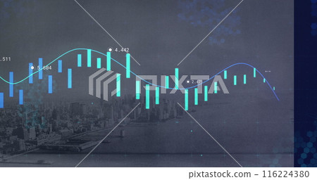 Image of graph with blue and green bars and line chart overlaying cityscape Image of graph with blue and green bars and line chart overlaying cityscape 116224380