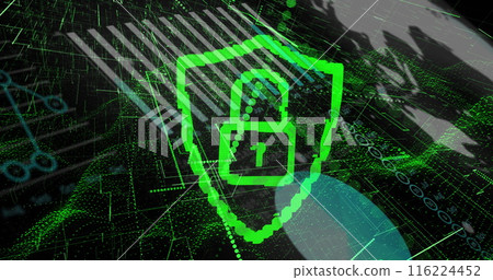 Image of online security padlock data processing over green mesh 116224452