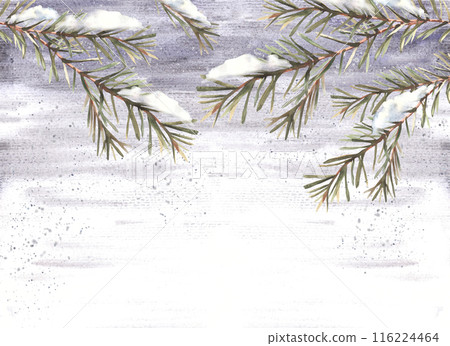 Snow on a fir tree branch with needles banner template. It is snowing in winter Christmas watercolor hand drawn illustration. For Xmas or New year greeting card template. Isolated on grey background. Snow on a fir tree branch with needles banner template. It is snowing in winter Christmas watercolor hand drawn illustration. For Xmas or New year greeting card template. Isolated on grey background. 116224464