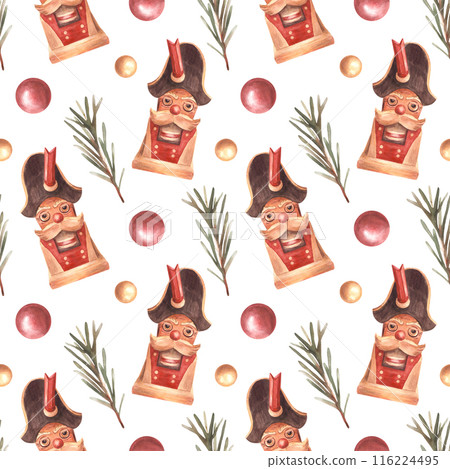 The Nutcracker toy, with branch of Christmas fir tree Red and gold balls Watercolor winter seamless pattern. Wooden soldier, traditional new year decoration Hand drawn illustration Isolated background 116224495