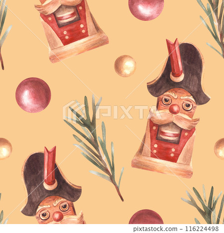 The Nutcracker toy, with branch of Christmas fir tree Red and gold balls Watercolor seamless pattern. Wooden soldier, traditional new year decor. Hand drawn illustration Isolated coloured background 116224498