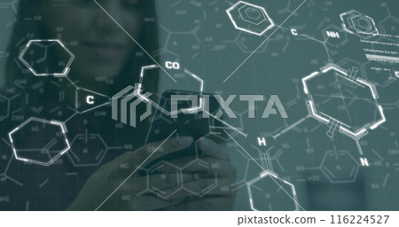 Image of chemical formulas over girl using smartphone Image of chemical formulas over girl using smartphone 116224527