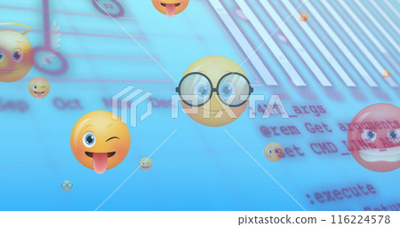 Image of emoji icons over graphs and data on blue background 116224578