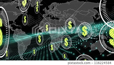 Image of dollar symbols over world map on black background Image of dollar symbols over world map on black background 116224584