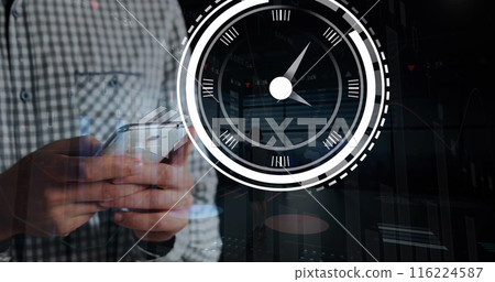Image of clock and data processing over caucasian businessman using smartphone Image of clock and data processing over caucasian businessman using smartphone 116224587
