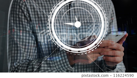 Image of clock and data processing over caucasian businessman using smartphone 116224590