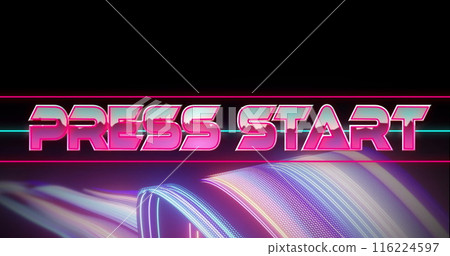 Image of press start text and light trails over black background Image of press start text and light trails over black background 116224597