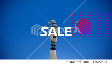 Image of sale text and shapes over robotic hand on blue background 116224610