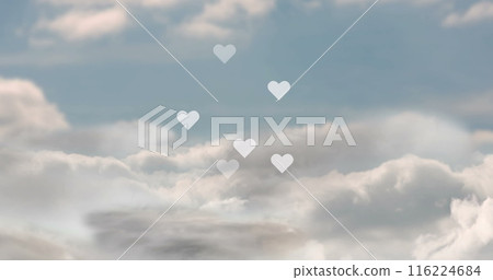 Image of digital heart shapes over cloudscape, copy space 116224684