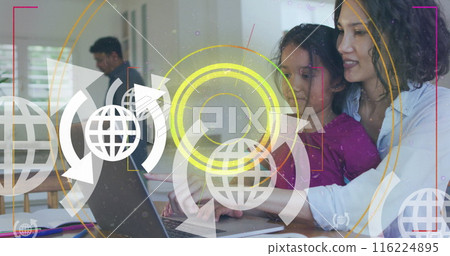 Image of scan scope over biracial mother and daughter using laptop 116224895