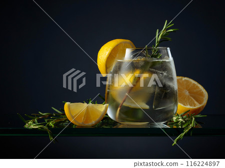Cocktail gin tonic with ice, lemon, and rosemary. 116224897