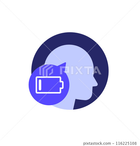 burnout or fatigue icon with head and battery 116225108