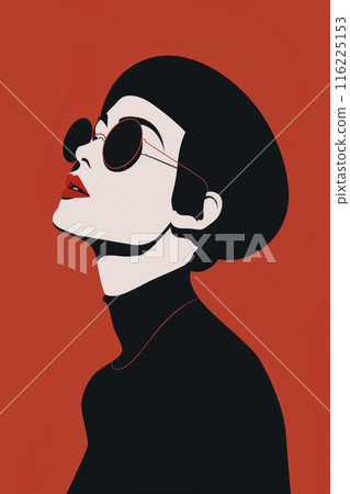 Young woman wearing sun glasses and black shirt, Illustration fashion poster, Minimalist style, Generative AI 116225153