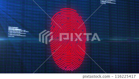 Image of fingerprint scanning with lens flare and computer language over blurred binary codes 116225417