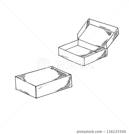 Hand-drawn closed and opened boxes. Craft boxes in sketch style. Isolated on white. Hand-drawn closed and opened boxes. Craft boxes in sketch style. Isolated on white. 116225500